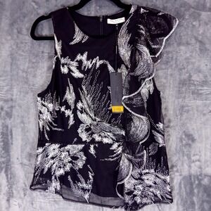 Halston Heritage Top Womens 12 Black Silver Embellished Ruffle Floral Blouse NWT
